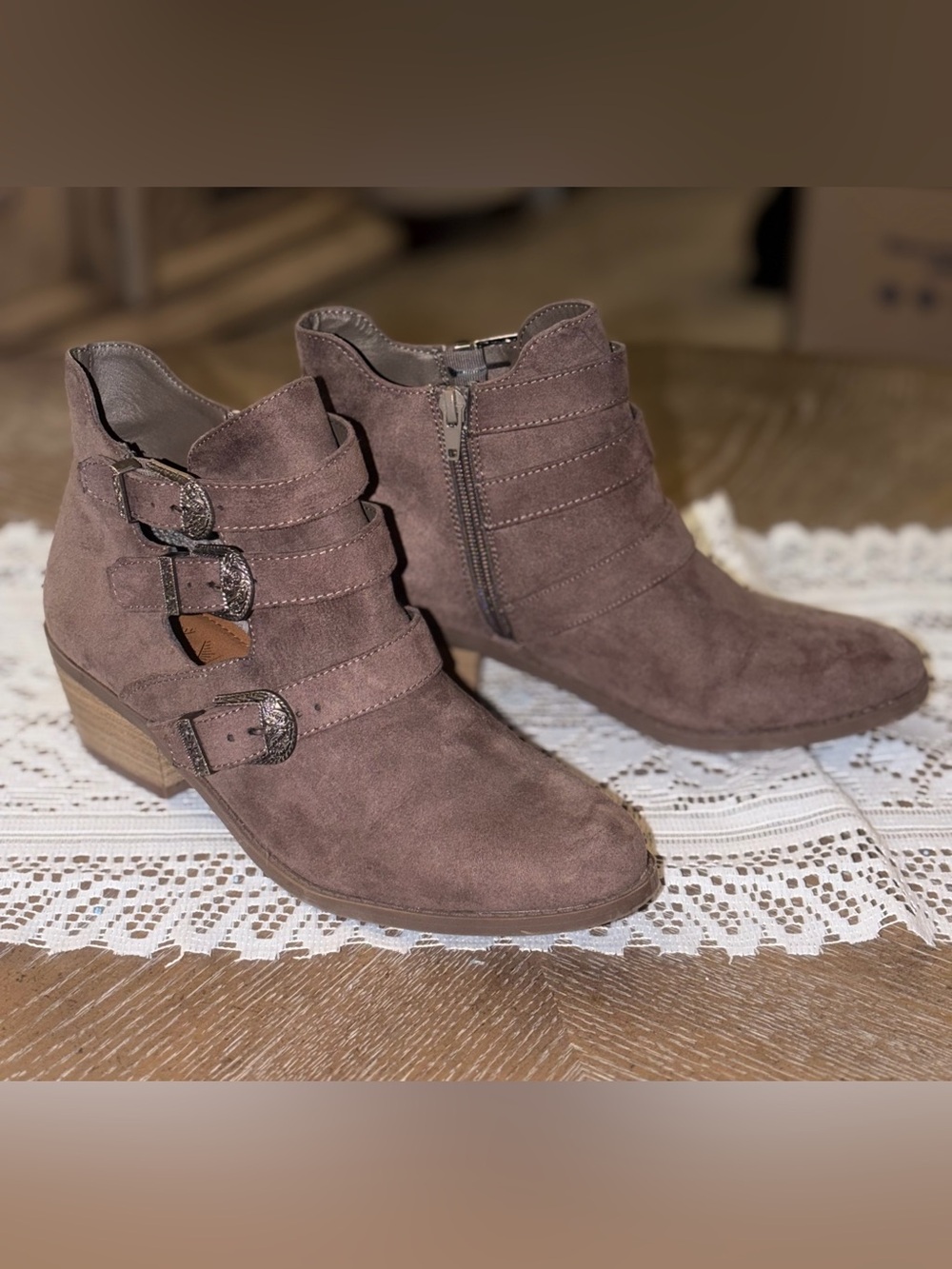 TRUE CRAFT Faux Suede multi-buckle ankle Boots 8.5